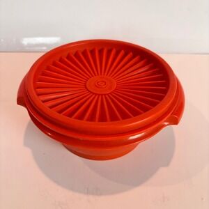 Tupperware Orange Round Container Bowl with Lid Vintage Microwave Safe Servalier